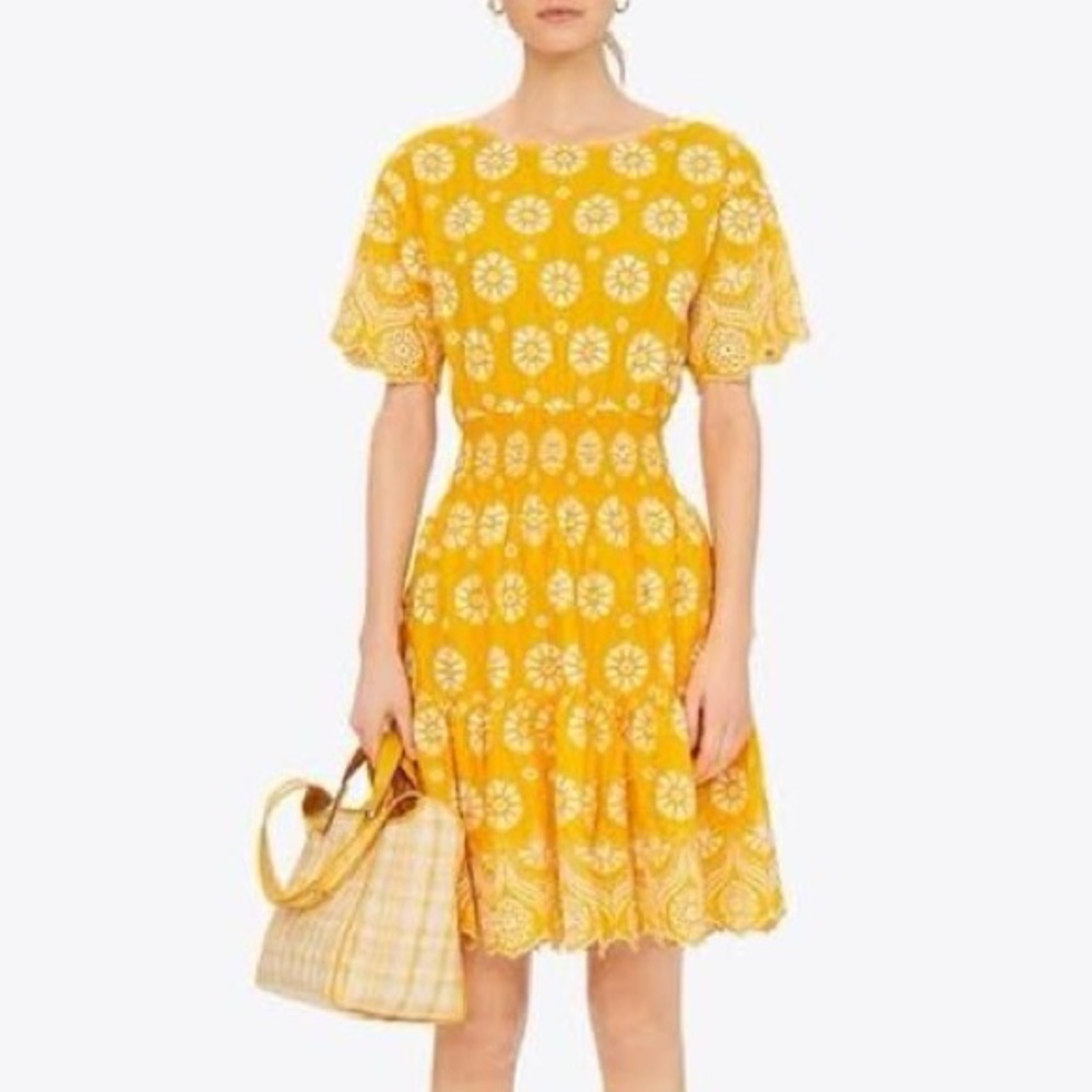 Tory Burch Embroidered Eyelet Dress in Sunlight Yellow White Women's Size 8